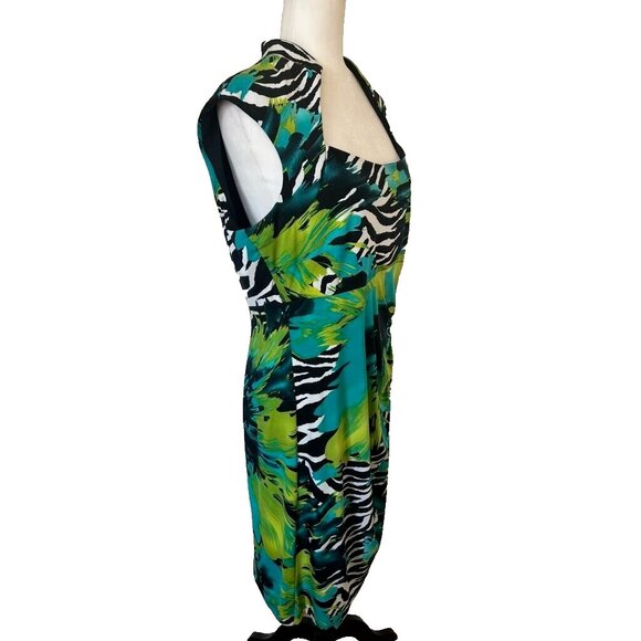 NWT FRANK LYMAN Dress Size 16 Colorful Green Blue Ruched Waist Stretchy Midi - Picture 3 of 7